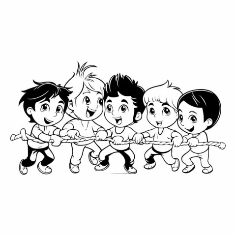 Group of happy kids playing tug of war cartoon vector illustrati