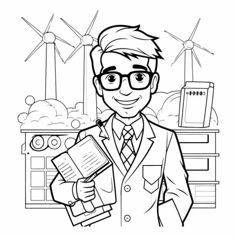 Black and white illustration of a man holding a book and a wind