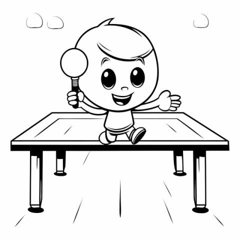 Black and White Cartoon Illustration of Kid Playing Table Tennis