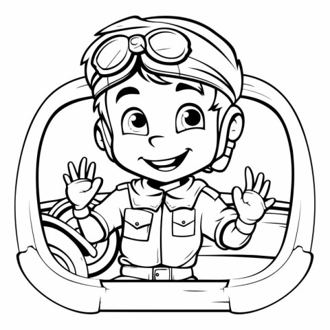 Black and White Cartoon Illustration of Kid Boy Pilot Character