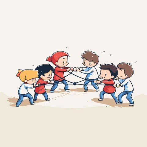 Cartoon kids playing tug of war. Vector illustration of kids pul