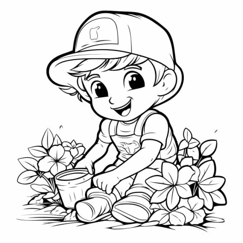 Black and White Cartoon Illustration of Cute Little Boy Planting