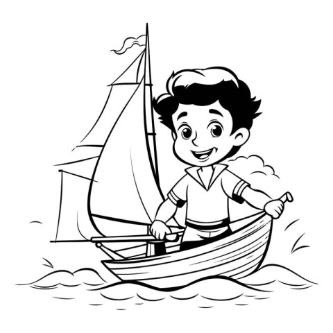 Boy in a boat. Black and white vector illustration for coloring