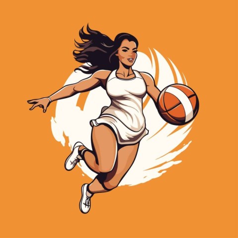 Female basketball player with a ball. Vector illustration on ora