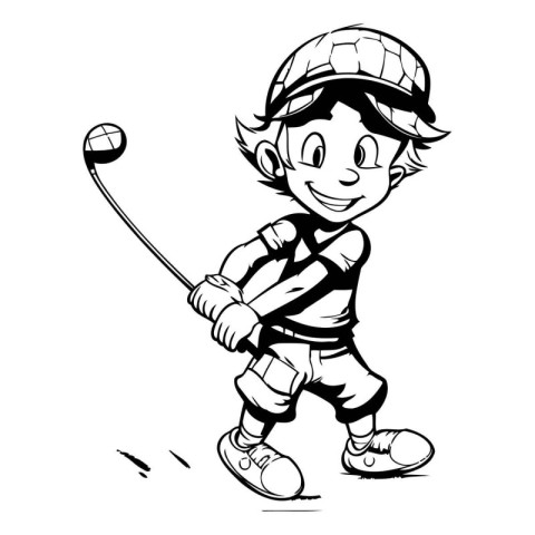 Illustration of a boy playing golf with a club on a white backgr