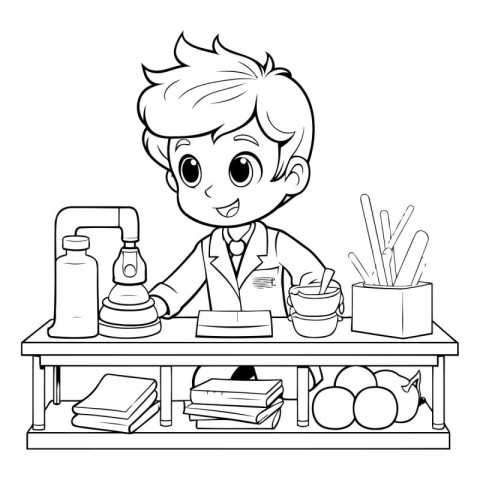 Cute boy in the kitchen. black and white vector illustration.