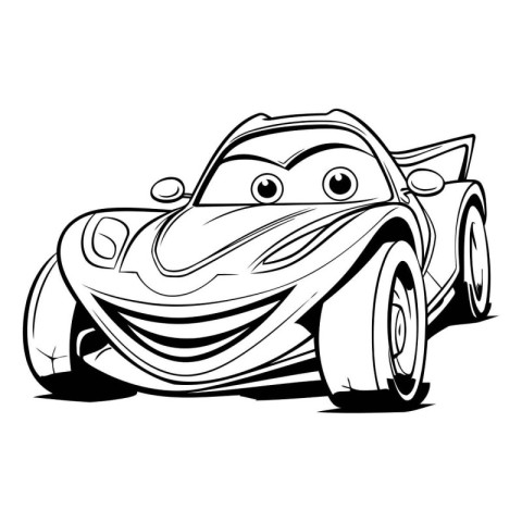 Black and white cartoon illustration of a sports car with a funn