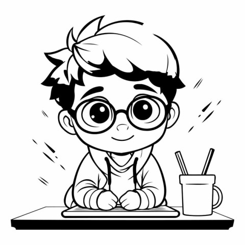 Black and white illustration of a little boy with glasses sittin