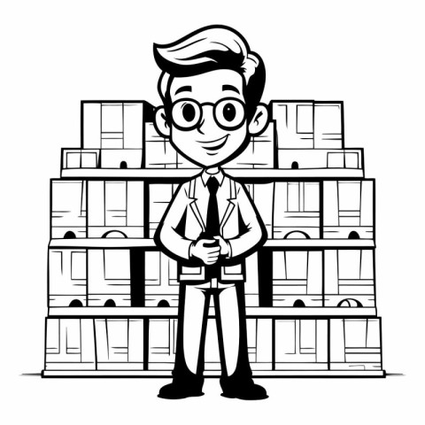 Cartoon man worker in warehouse. Vector illustration. Black and