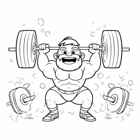 Cartoon Illustration of Funny Fat Man Lifting Barbell for Colori