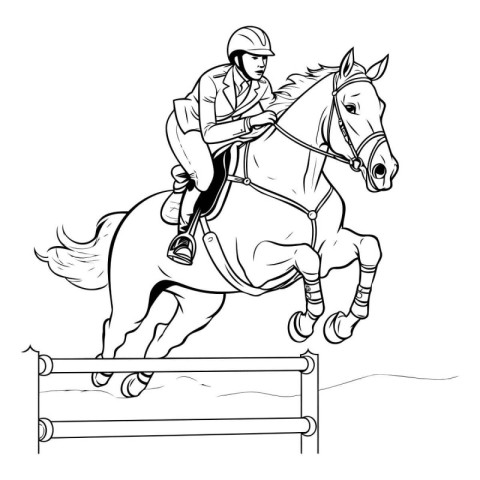 Jockey on horse jumping over obstacle. black and white vector il