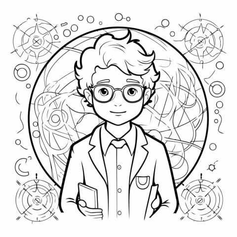 Funny boy in glasses and a lab coat. Vector illustration for col