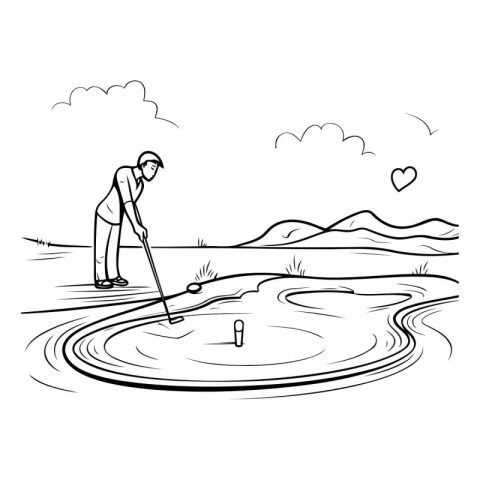 Golfer playing golf on the lake. Hand drawn vector illustration.