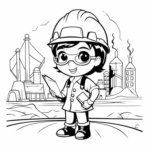 Black and White Cartoon Illustration of Little Boy Construction