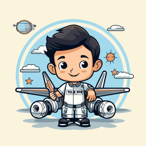 Cute astronaut boy with airplane in the sky. Vector illustration