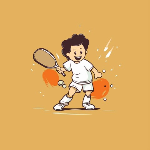 Cartoon boy playing tennis. Vector illustration of a boy playing