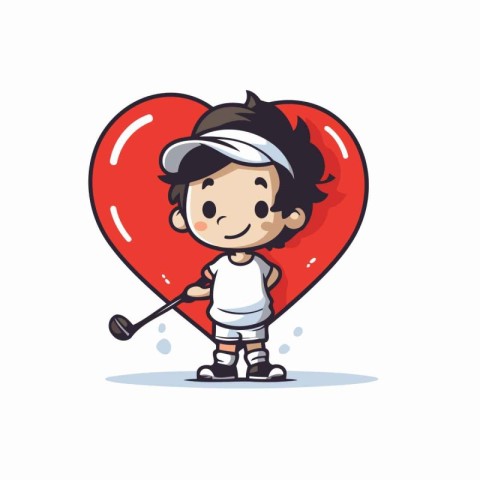 Boy playing golf with a red heart. Vector illustration on white