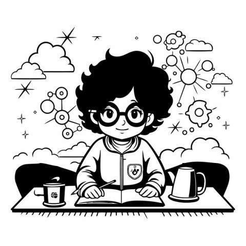 Boy reading a book at the table. Black and white vector illustra