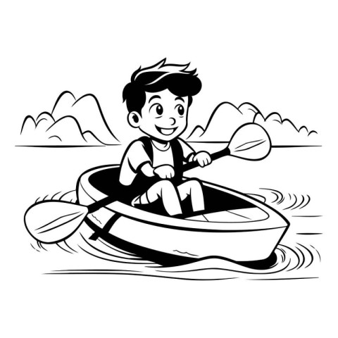 Cartoon boy rowing on a kayak. Vector illustration.