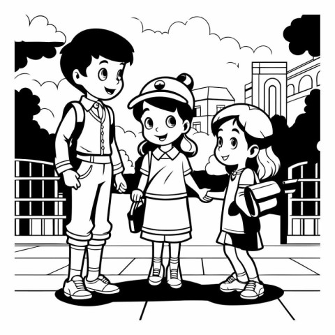 Children with backpacks in the city. black and white vector illu