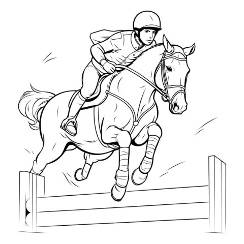 Jockey on horse jumping over obstacles. Black and white vector i