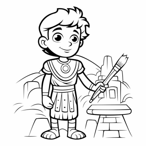 Coloring Page Outline of a Boy in Roman Costume with Spear