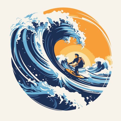 Surfer on a big wave. Vector illustration in retro style.