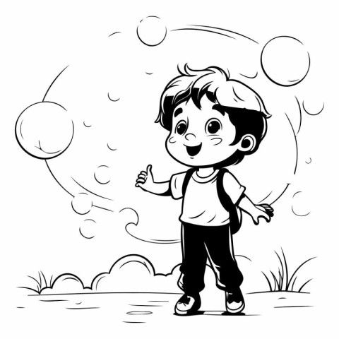 Black and White Cartoon Illustration of Cute Little Boy Playing