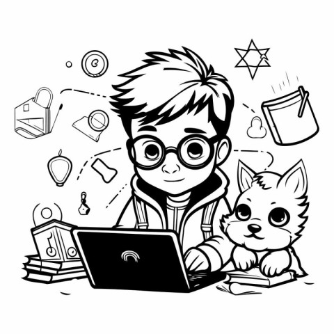 Black and White Cartoon Illustration of Boy Student with Laptop