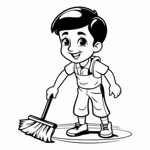 Cute Boy Cleaning the Floor - Black and White Cartoon Illustrati