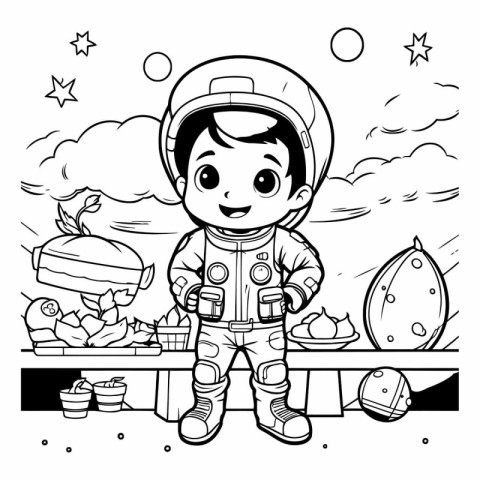 Cute astronaut in space. Black and white vector illustration for