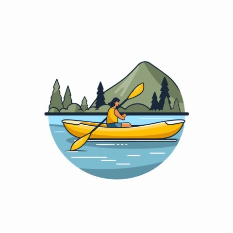 Kayaking in the mountains. Vector illustration in a flat style.