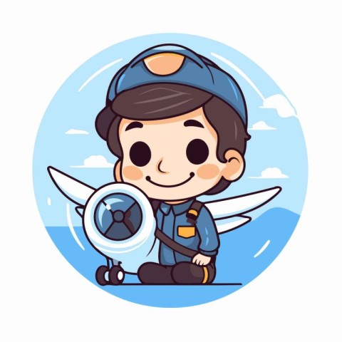 Cute boy pilot with airplane in blue circle. Vector illustration