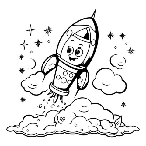 Coloring book for children: rocket in the clouds. Vector illustr