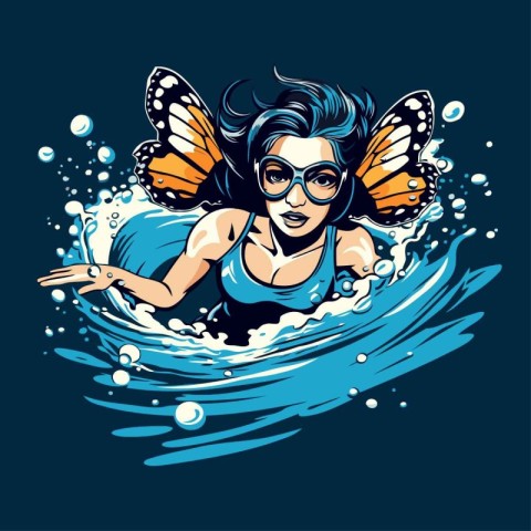 Surfer girl with a butterfly. Vector illustration of a female su