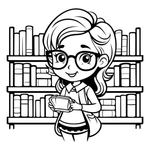 Girl Student Studying In Library - Black and White Cartoon Illus