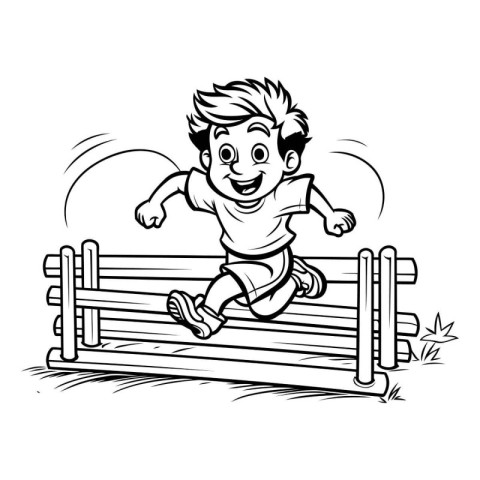 Boy jumping over obstacle - black and white vector illustration