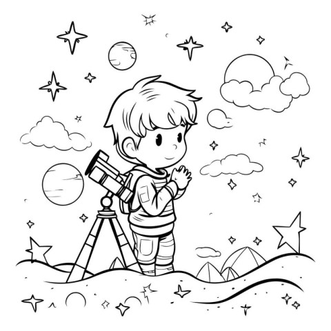 Boy with telescope in the night sky. Coloring book for children.