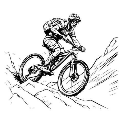 Mountain biker on the rocks. Monochrome vector illustration