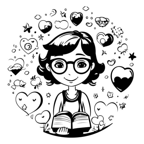 Cute girl reading a book with hearts around her. vector illustra