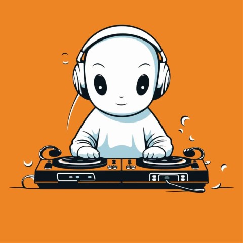 Cute cartoon DJ playing on turntable. Vector illustration.