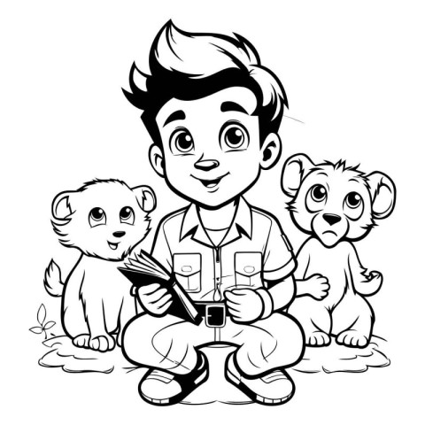 Boy with a group of monkeys. Black and white vector illustration