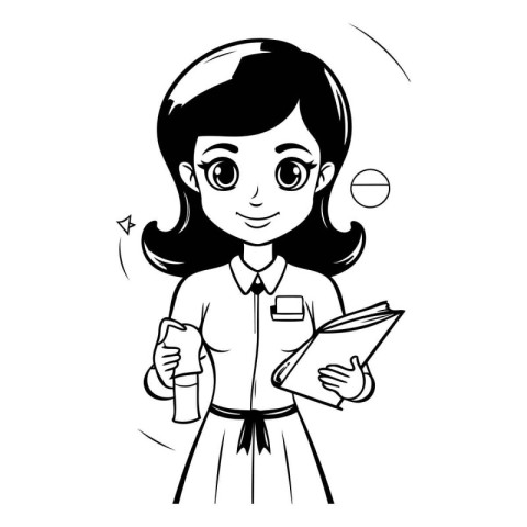 Black and white illustration of a female teacher with a textbook