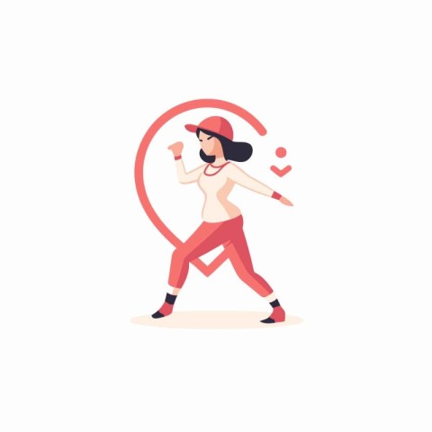 Young woman in red hat dancing hip-hop. Vector illustration.