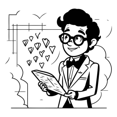 Black and white illustration of a man in a tuxedo reading a book