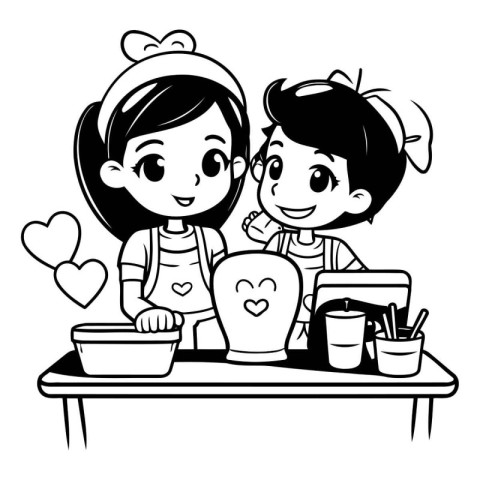 Boy and girl cooking in the kitchen. black and white vector illu