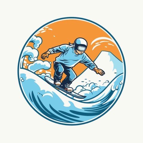 Snowboarder jumping on the waves set inside circle shape vector