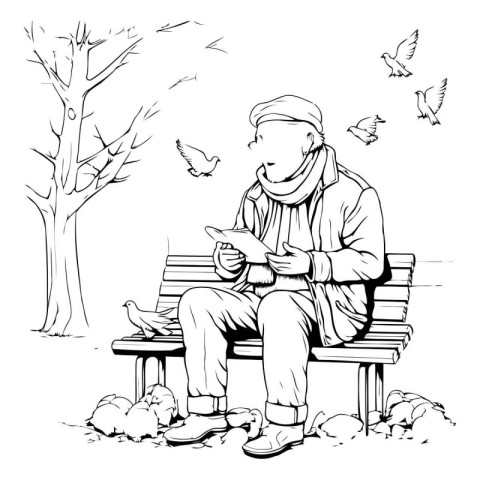 Vector illustration of a man sitting on a bench and reading a bo