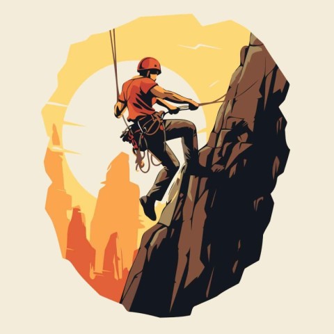 Rock climber climbing on a cliff. Vector illustration in retro s