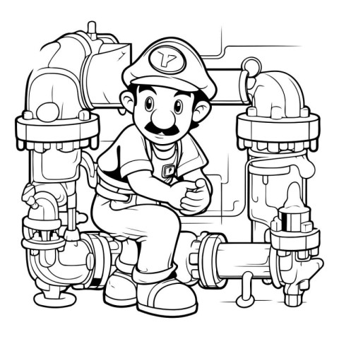 Black and White Cartoon Illustration of Fireman or Fireman Chara